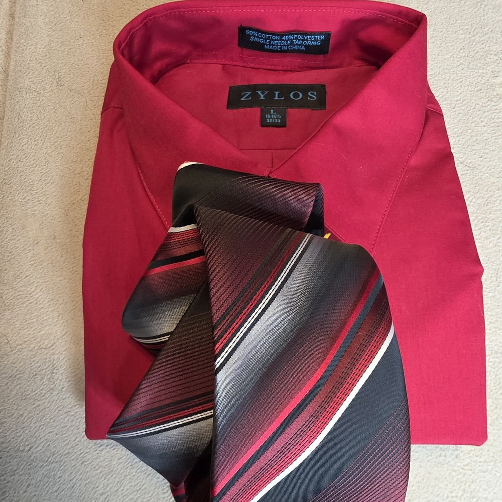NWT Zylos Men’s Dress Shirt & Tie Set - Red/Burgundy Striped - Large Office Wear